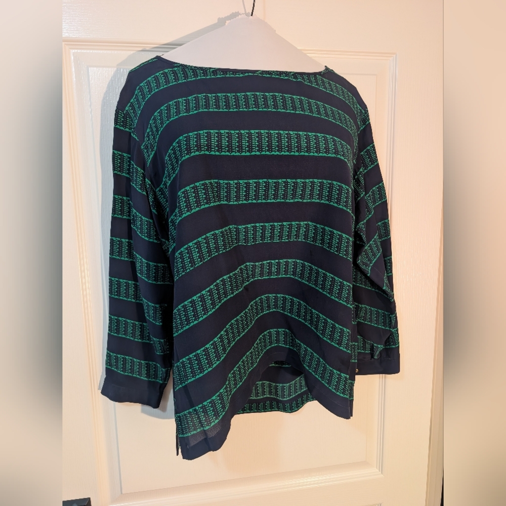 Club Monaco Blue and Green Striped Long Sleeve Top 100% Silk